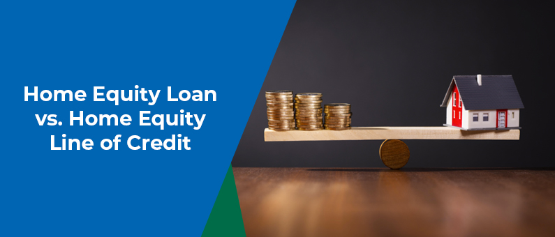 Home Equity Loan vs. Home Equity Line of Credit - house and coins on a seesaw